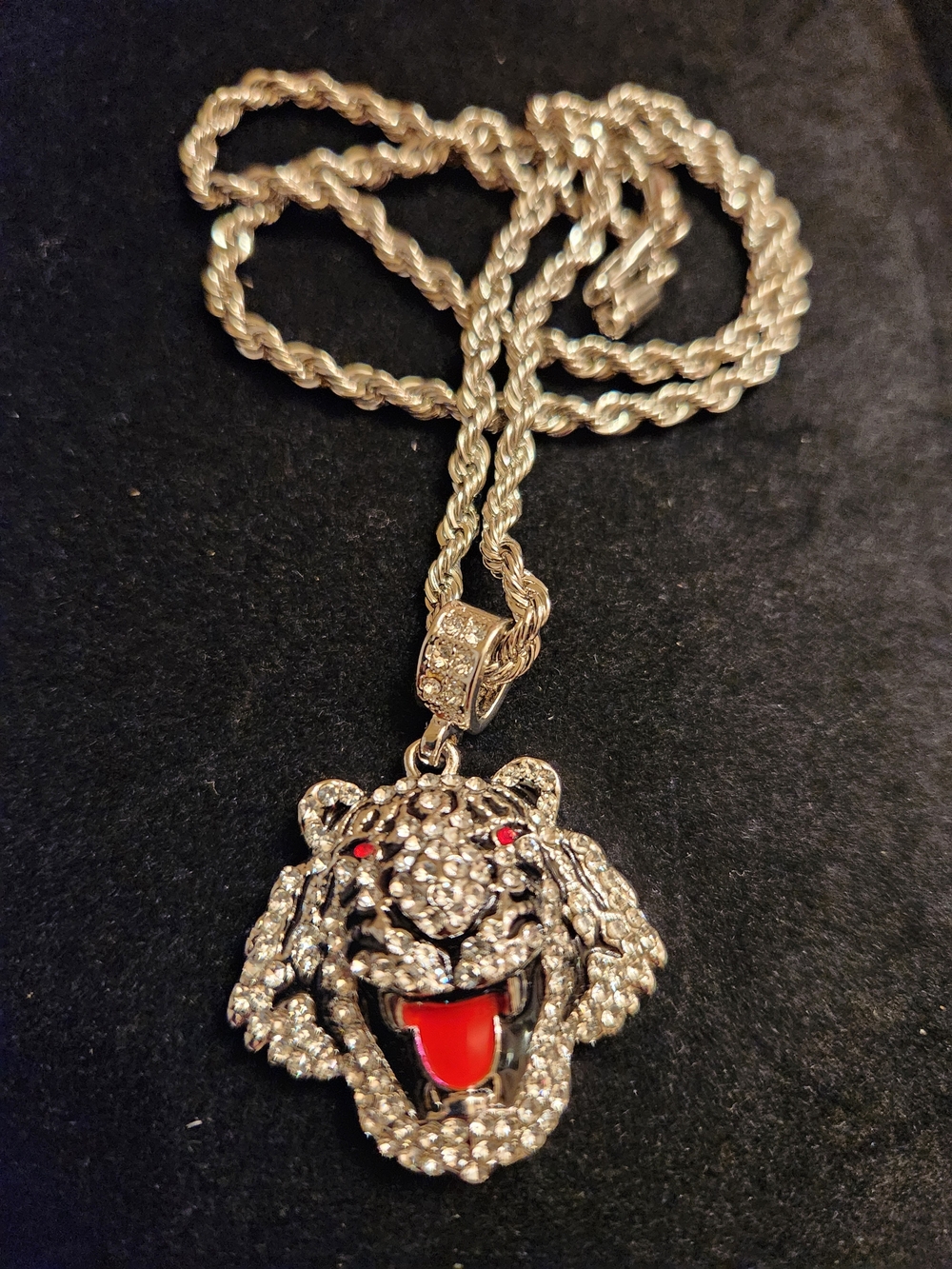 Crystal Tiger Pendant Necklace - Silver with Red Accents
